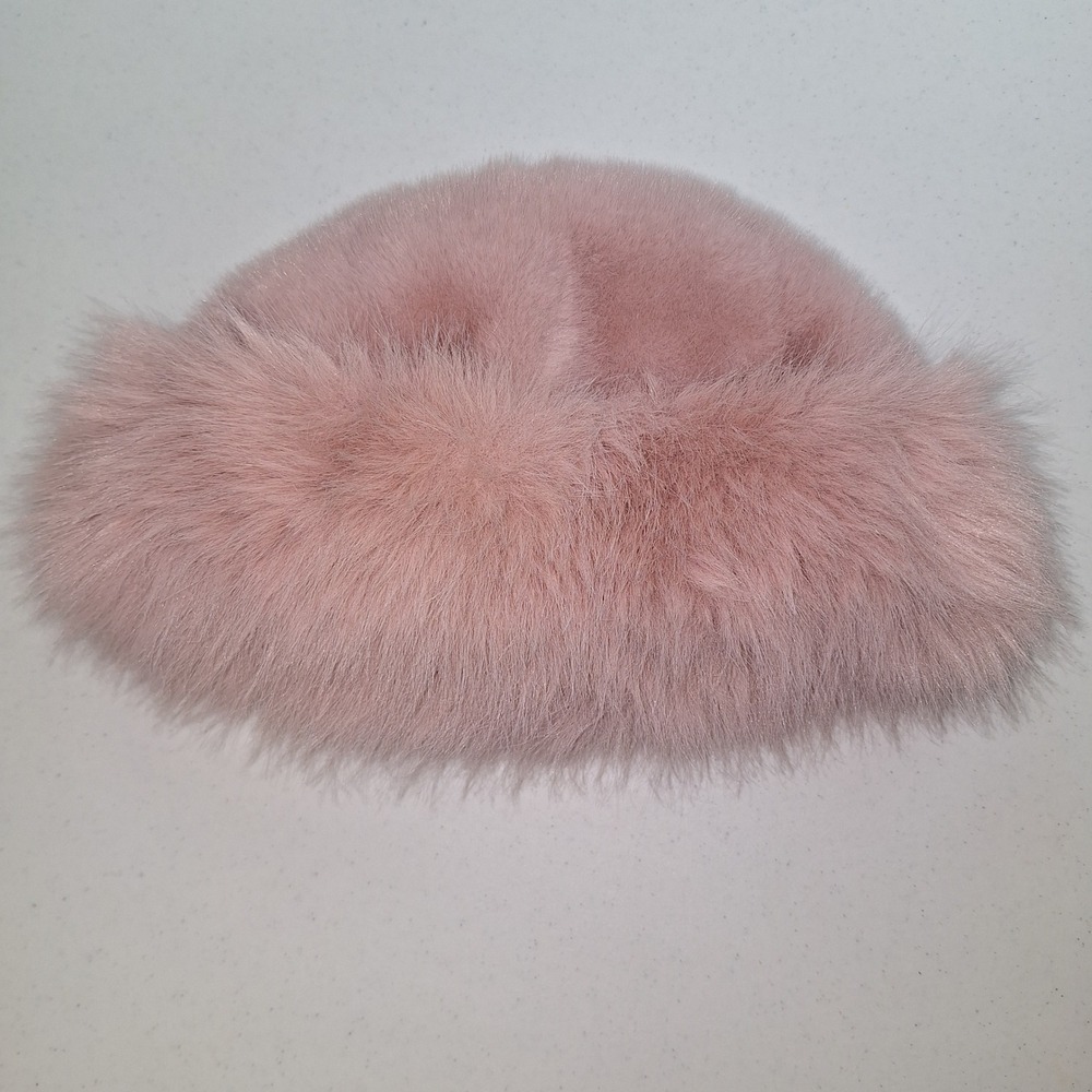 Womens Dusty Pink Faux Fur Bucket Hat Fuzzy Winter Cloche Plush Warm Cap